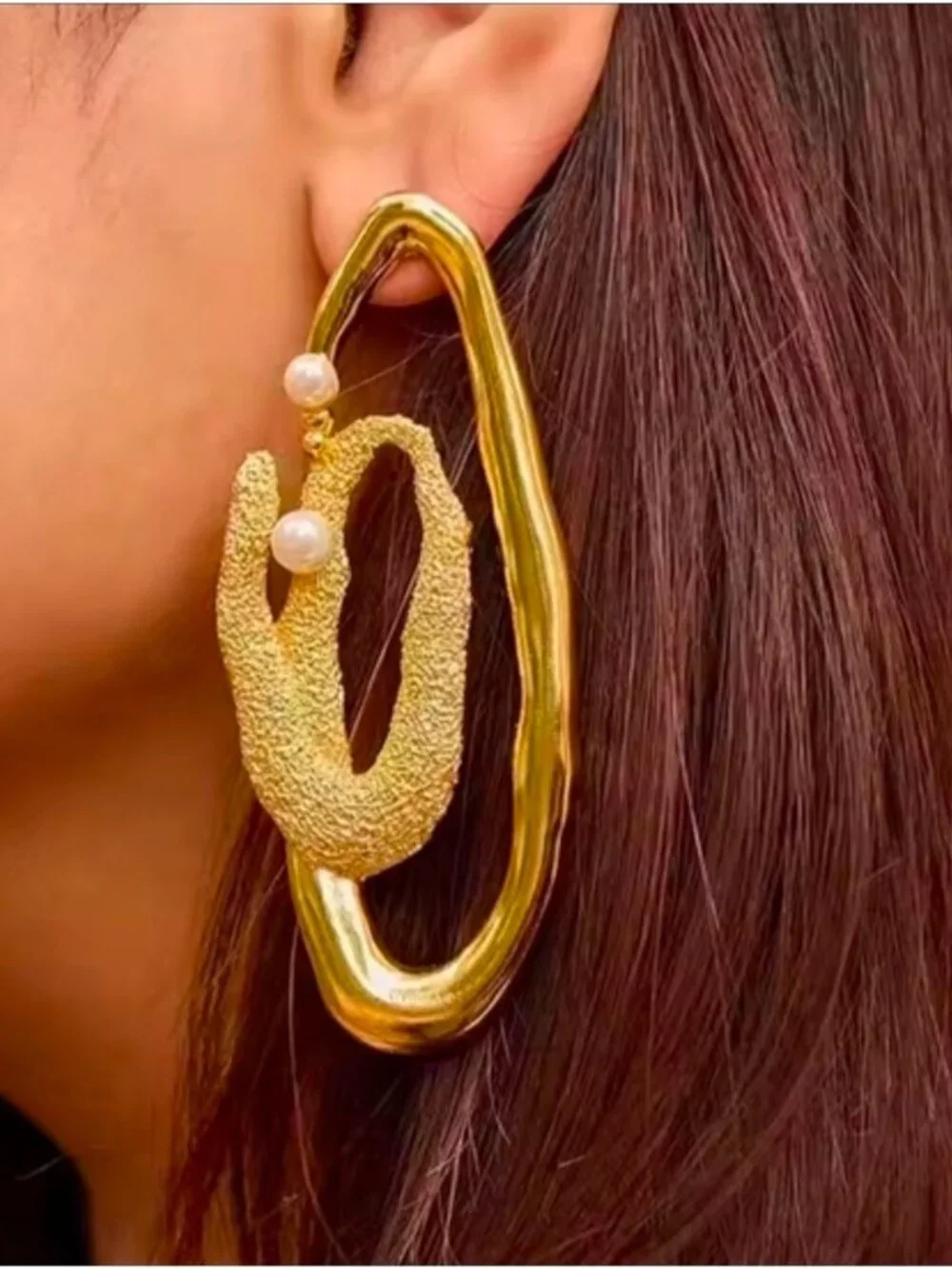 Gold tone Textured Loop Earrings with Pearl Accents